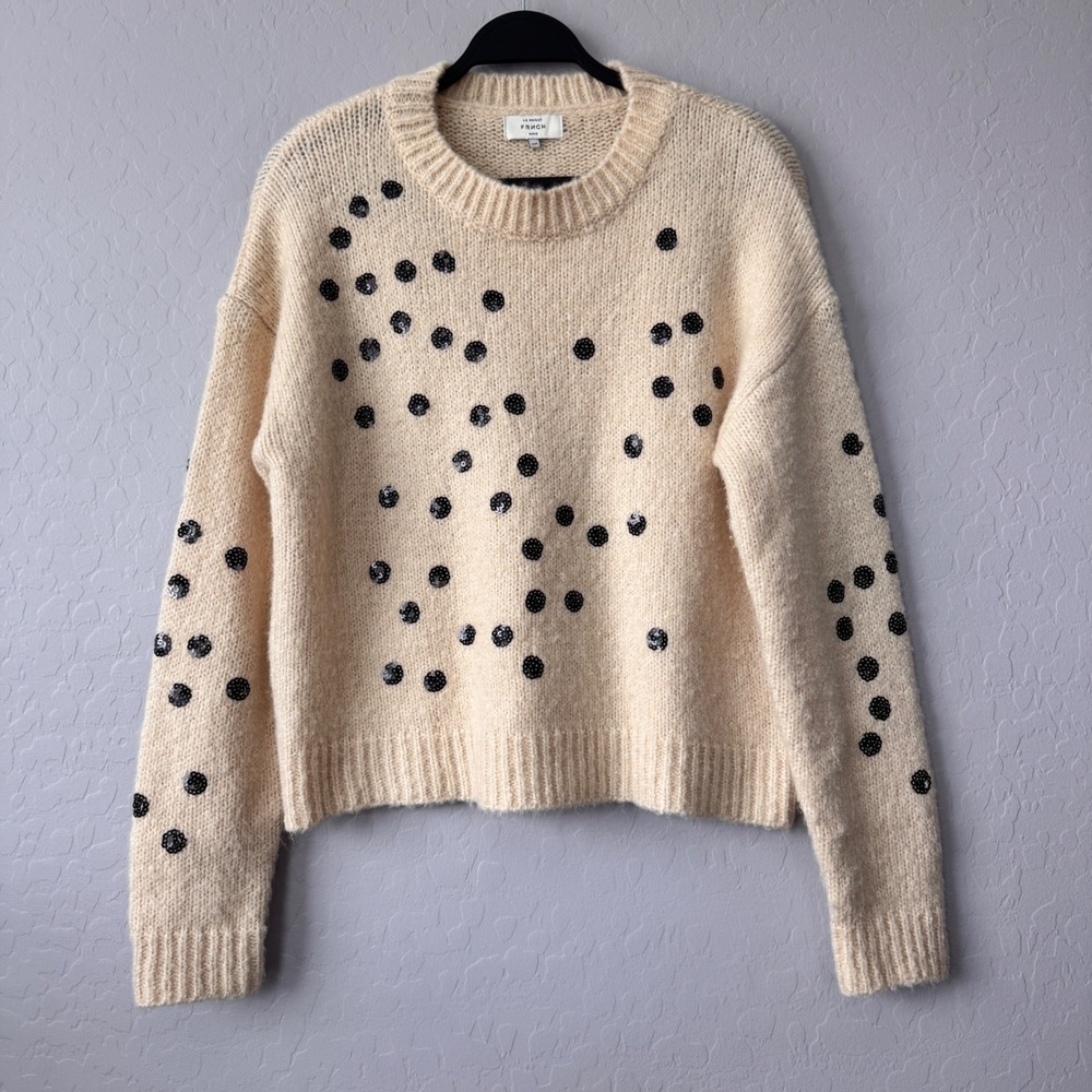 La Maille FRNCH Paris Cream Sweater Black Sequin Polka Dot Knit Top Small Medium